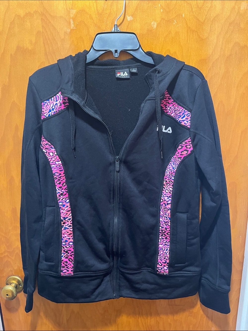 Fila Black Zip Hoodie with Pink Leopard-Print Panels